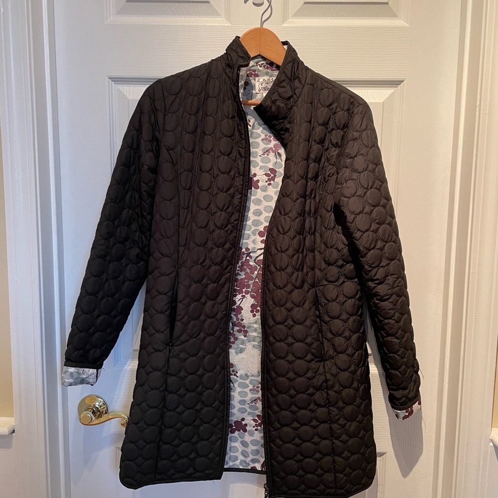 Mid-length winter jacket, thin puffer.